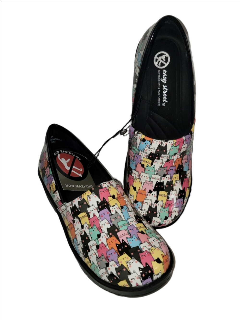 EASY STREET Laurie Clogs Waterproof Slip Resistent Multicolor Cat-Pattern Sz 8